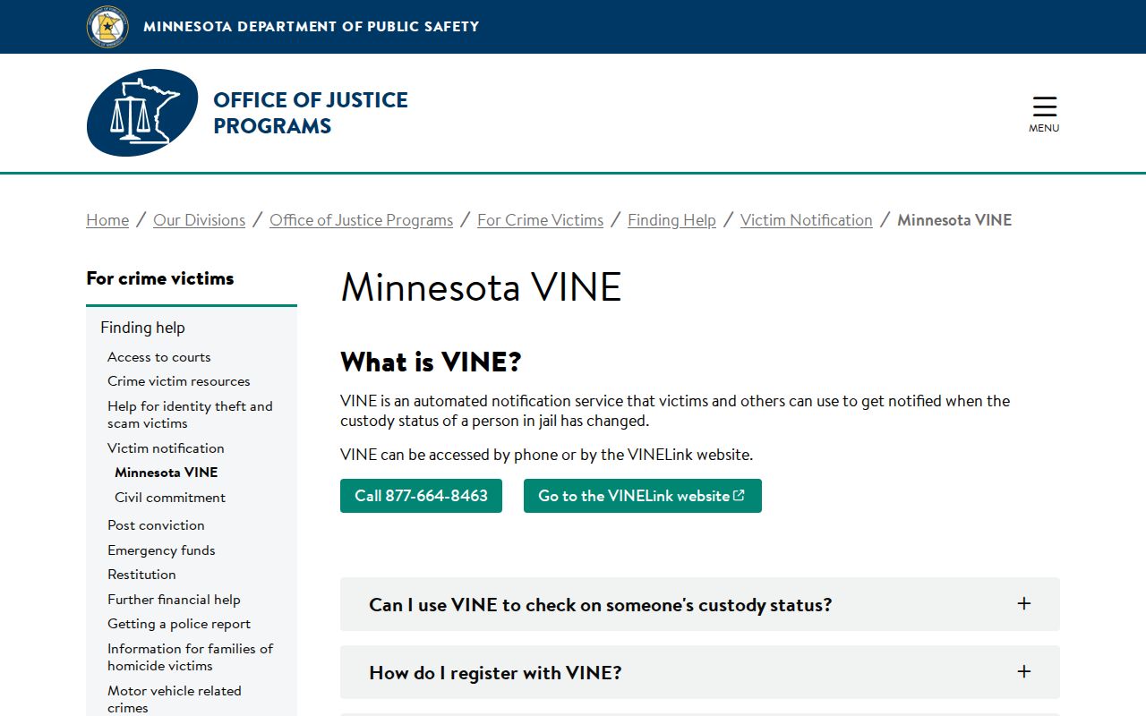 Minnesota VINE option for Red Lake County 72-hour release events