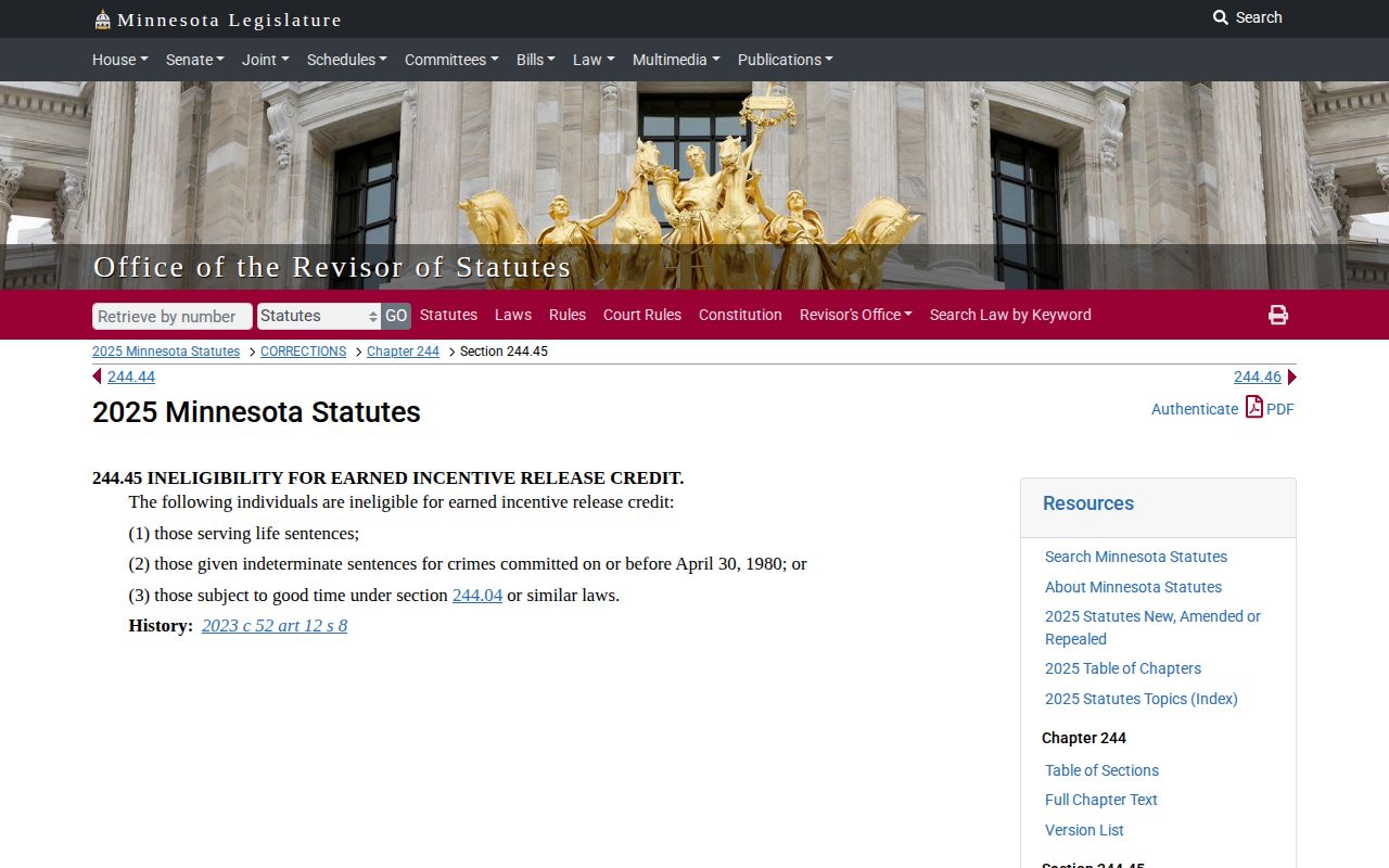 Minnesota Department of Corrections release record MRRA eligibility statute