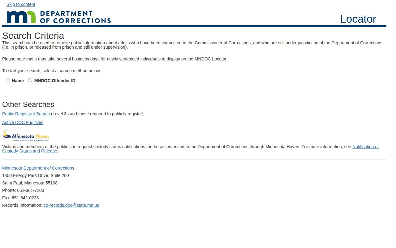 Red Lake County released inmate lookup through the MNDOC search
