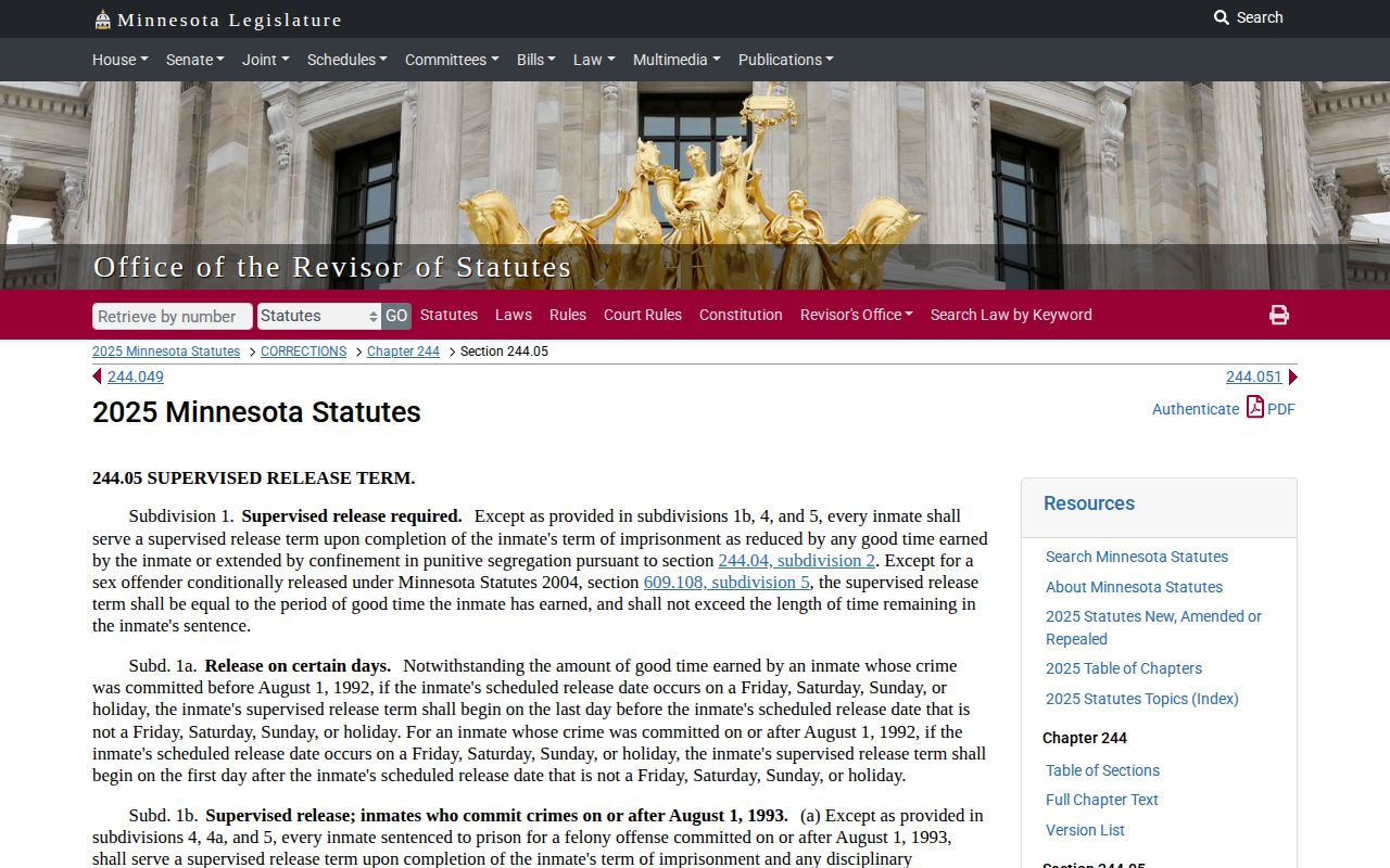 Red Lake County projected release date supervised release statute