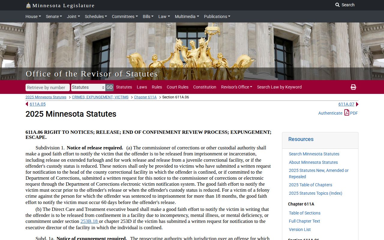 Minnesota release notice statute for Red Lake County VINELink alerts